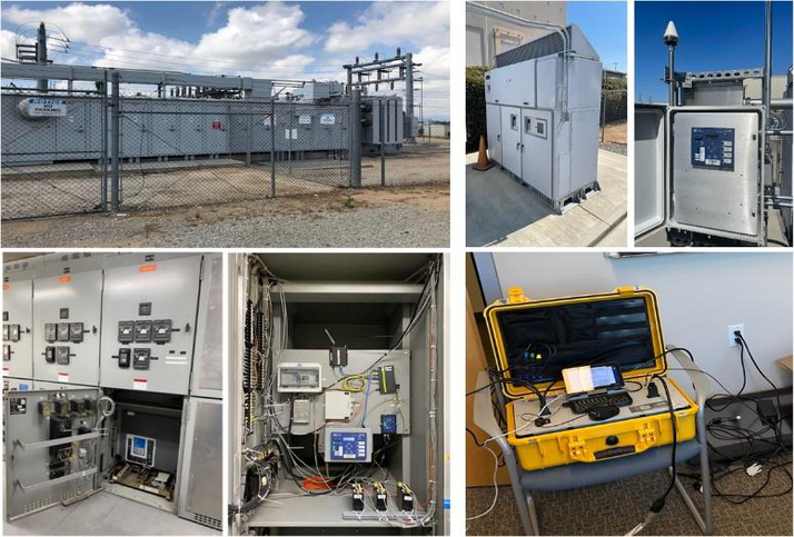 Examples of real-world WMU installations in Riverside, California: (left): 3-phase 12.47 kV installation at a substation; (top-right): 3-phase 480 V installation at a PV inverter; (bottom- right): single-phase 120 V installation at a power outlet.