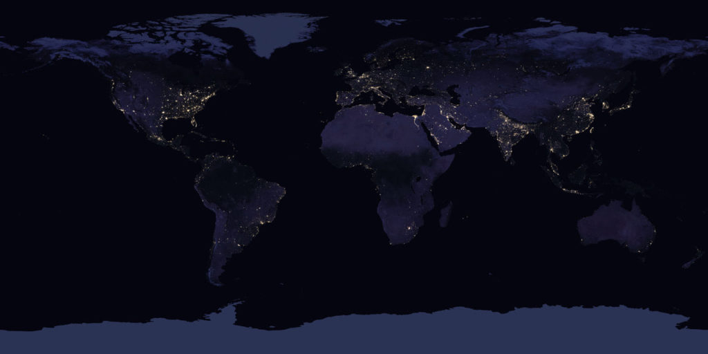 This new image of the Earth at night is a composite assembled from data acquired by the Suomi National Polar-orbiting Partnership (Suomi NPP) satellite over nine days in April 2012 and thirteen days in October 2012. It took 312 orbits and 2.5 terabytes of data to get a clear shot of every parcel of Earth’s land surface and islands.NASA Earth Observatory image by Robert Simmon, using Suomi NPP VIIRS data provided courtesy of Chris Elvidge (NOAA National Geophysical Data Center). Suomi NPP is the result of a partnership between NASA, NOAA, and the Department of Defense. Caption by Mike Carlowicz.